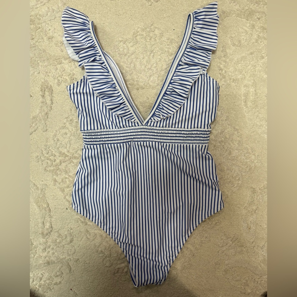 Zaful Blue White Striped One‎ Piece Swimsuit Women’s L Ruffle V-Neck